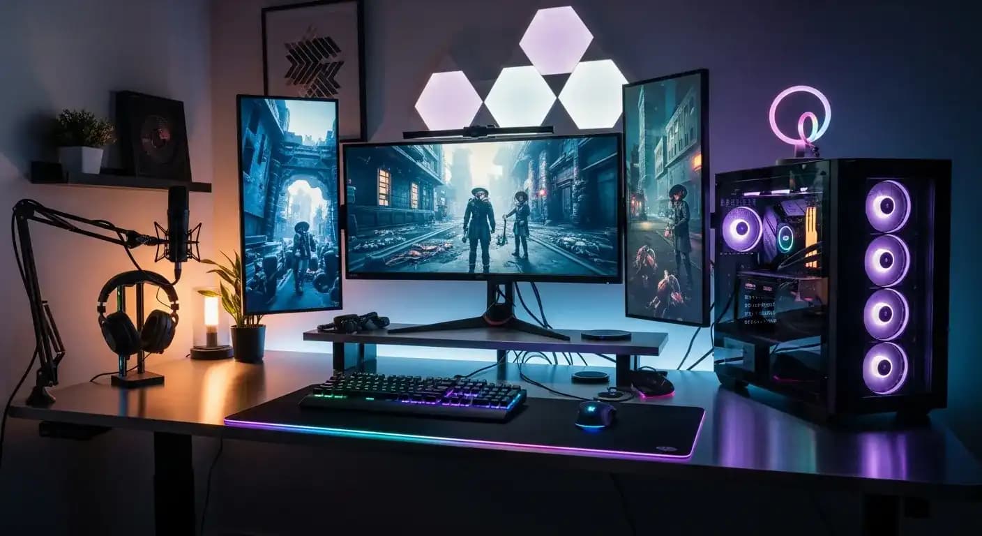 Setup gaming complet : bureau, écran, périphériques et déco
