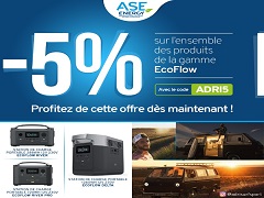 
Profitez de l’offre promo d’ASE Energy : 5% de reduction sur l’achat d’une station de charge de la marque Ecoflow en utilisant le code ADRI5. 3 modeles de chargeur solaire portable. Livraison de votre batterie externe : France, Europe et monde tous pays
