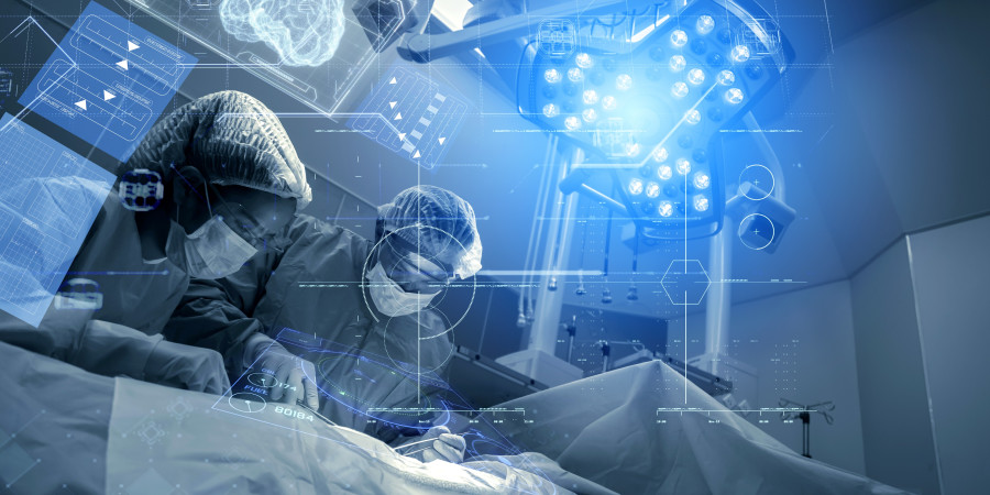 Deux chirurgiens dans un bloc opératoire utilisant l’intelligence artificielle