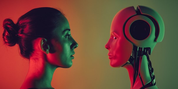 Une personne qui fait face à un robot