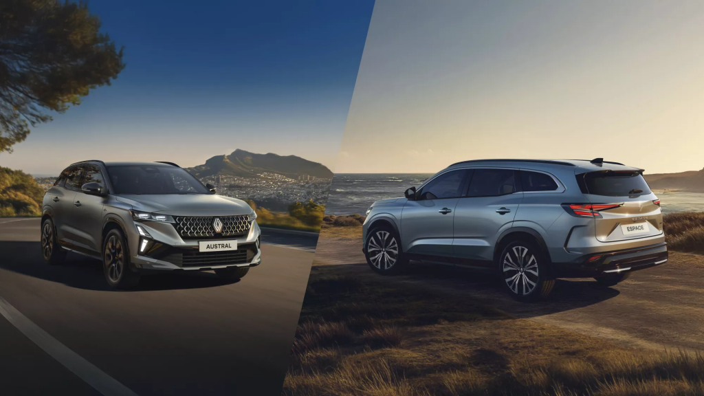 Vue des nouveaux Renault Austral et Espace, des SUV hybrides au design élégant et aux technologies avancées.